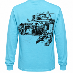 Light blue long-sleeve tshirt with black sketch of old flora bama building. 