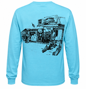 Light blue long-sleeve tshirt with black sketch of old flora bama building. 