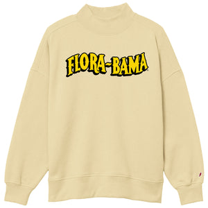 Beige sweatshirt with 'Flora-Bama' text in yellow on a white background