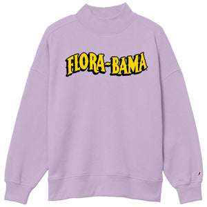 Purple sweatshirt with 'Flora-Bama' text on a white background