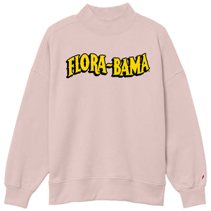 Pink sweatshirt with 'Flora-Bama' text in yellow and black on a white background