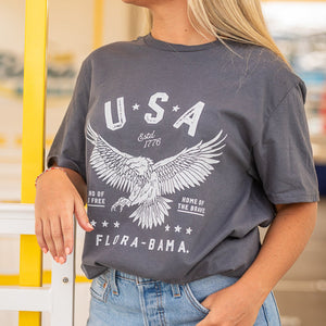 Gray t-shirt with white eagle graphic and flora bama text
