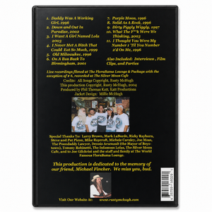 Back cover of a music album with text and images on a black background