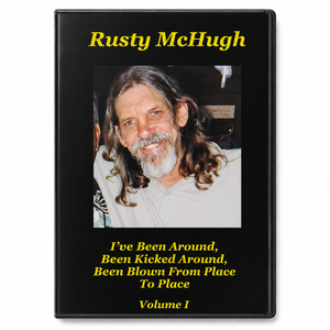 Book cover with a photo of a man and text about 'Rusty McHugh' and his work.