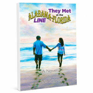 Book cover of 'They Met at the Alabama-Florida Line' with a couple holding hands on a beach.