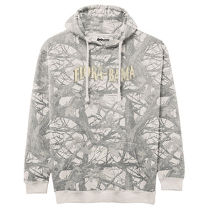 Hoodie with camouflage pattern and 'flora Bama' faded logo