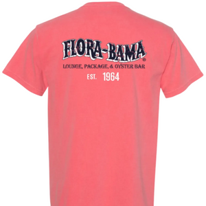 pink t-shirt with 'Flora-Bama' logo in navy on the back