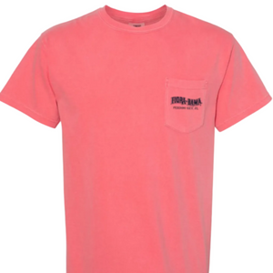 pink t-shirt with 'Flora-Bama' logo in navy on the front pocket