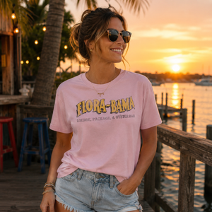 girl wearing pink tshirt with florabama logo across the front
