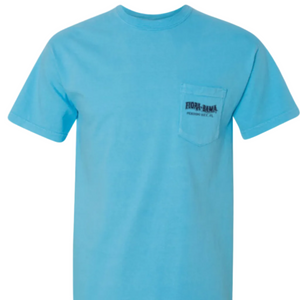 light blue shirt with navy flora bama logo on front pocket