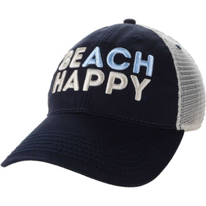 A navy blue trucker-style baseball cap with a light gray mesh back and 'BEACH HAPPY' embroidered on the front in navy, light blue, and off-white.