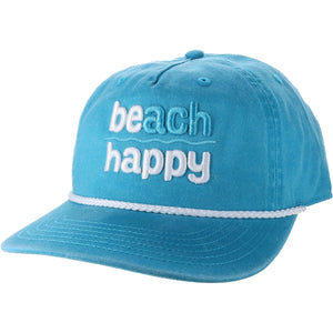A light blue cotton baseball cap with 'beach happy' embroidered on the front in white and light blue, featuring a white rope detail across the brim.