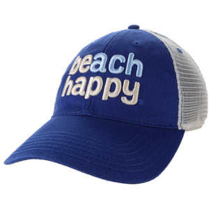 A blue trucker-style baseball cap with 'beach happy' embroidered on the front over a white mesh back, shown on a plain white background.