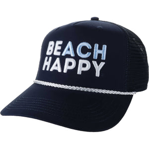 A navy blue trucker hat with 'BEACH HAPPY' embroidered on the front in white and light blue, featuring a white braided rope detail across the brim.
