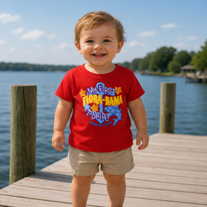 kid on a dock wearing a red t-shirt with 'My First Flora-Bama' printed in blue and yellow lettering, featuring an anchor graphic and text.