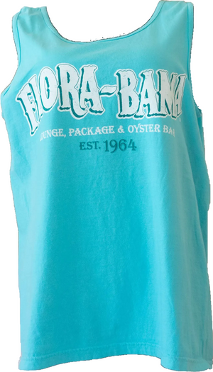 A light blue tank top with the 'Flora-Bama' logo printed in white on the front.