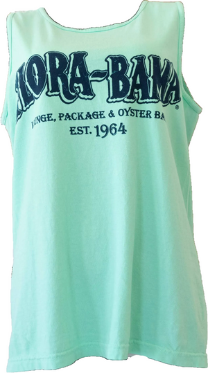 A teal tank top with the 'Flora-Bama' logo printed in blue  on the front.