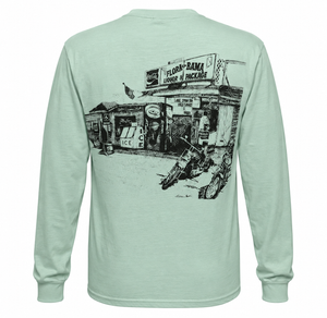 Light green  long-sleeve tshirt with black sketch of old flora bama building. 