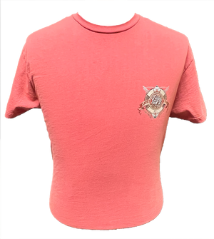 A pink colored t-shirt with a graphic print on the back featuring text and a logo, and a small logo on the front left chest.