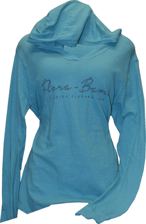 A blue hooded long-sleeved ladies tee with 'Flora-Bama' text printed across the front.