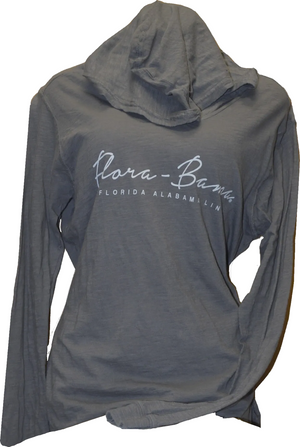 A gray hooded long-sleeved ladies tee with 'Flora-Bama' text printed across the front.