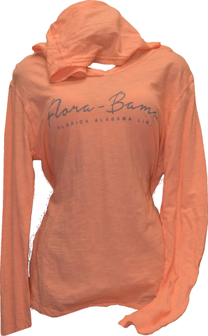 A orange hooded long-sleeved ladies tee with 'Flora-Bama' text printed across the front.