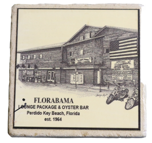 stone coaster with sketched black image of flora bama building